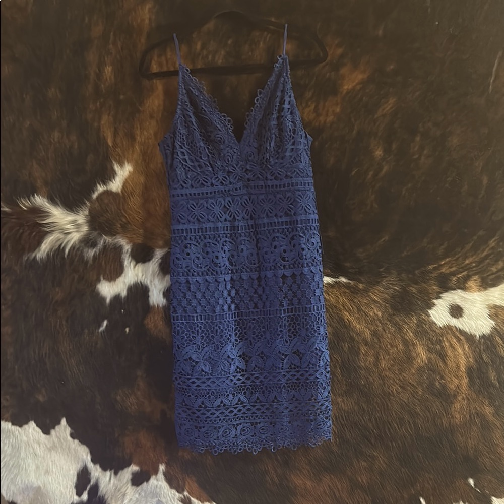 Lulu's Blue Sheath Midi Dress with Plunge Neckline